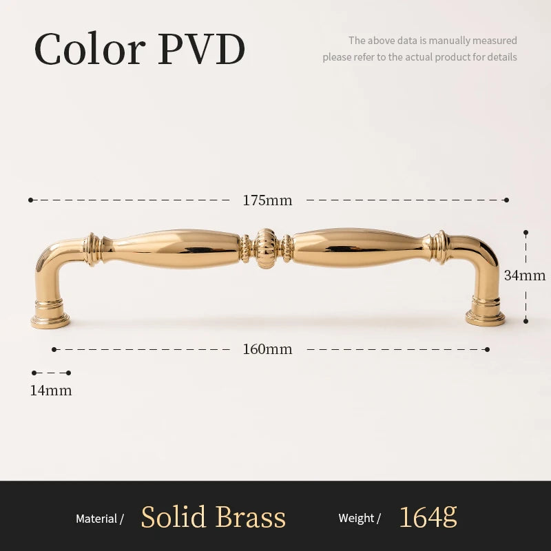 Luxueuze massief messing kastgreep PVD afwerking, afmetingen 175x34mm, modern klassiek design