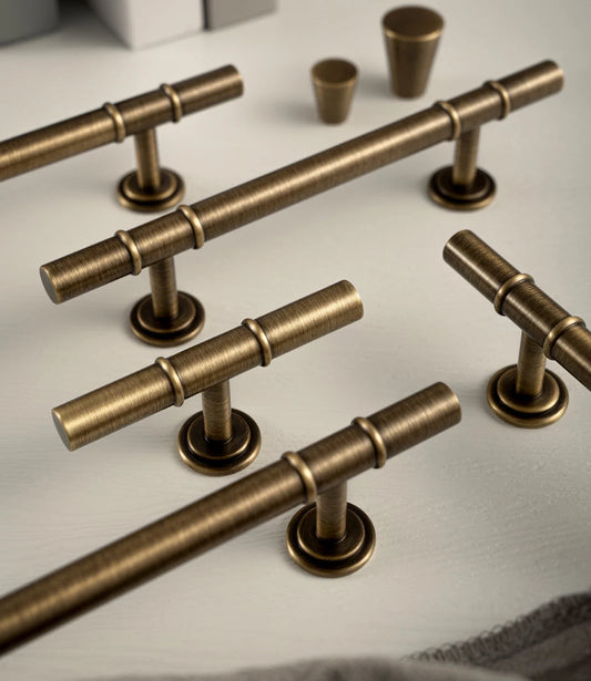 Antieke Messing T-Bar Greep & Conische Knop – Minimalistische Kastgreep