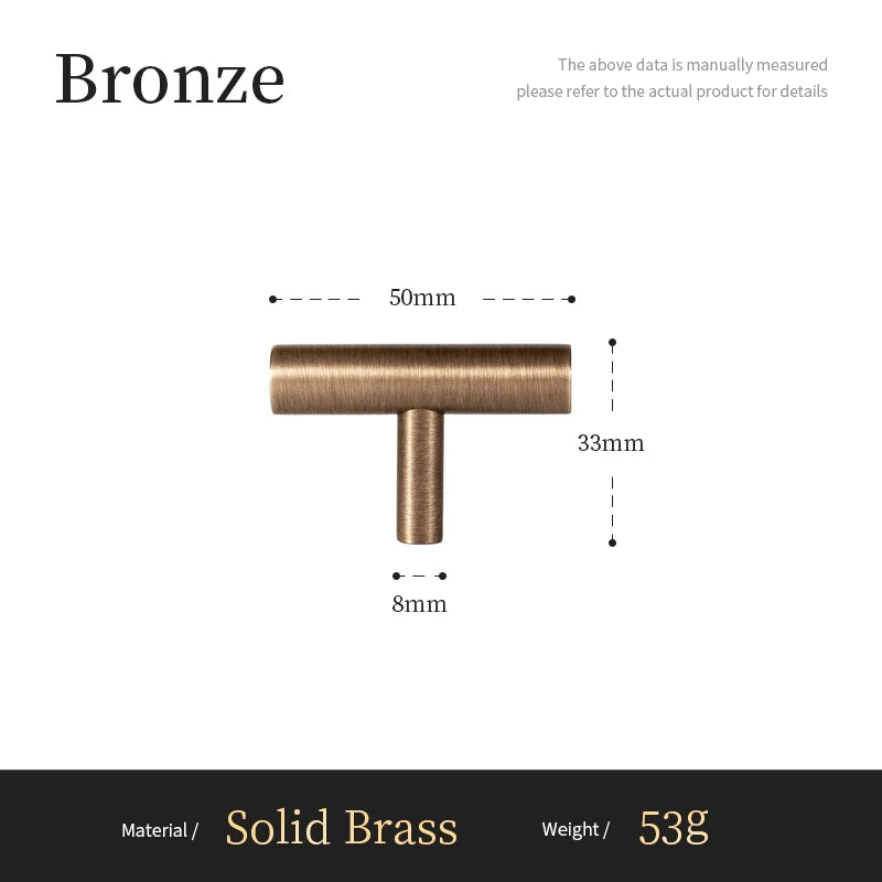 Bronzen T-knop van massief messing, 50mm breed, 33mm hoog, luxe meubelgreep van Aurel