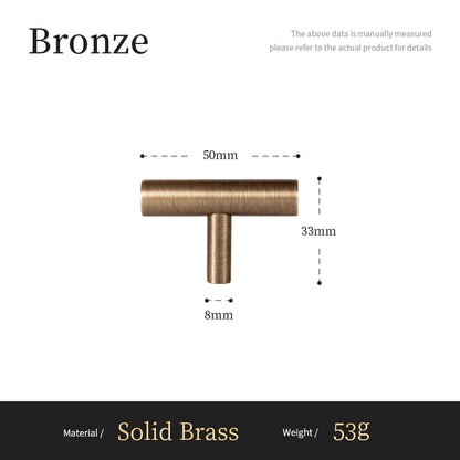 Bronzen T-knop van massief messing, 50mm breed, 33mm hoog, luxe meubelgreep van Aurel