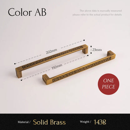 Massief messing meubelgreep met Griekse patroon, 202mm, Aurel luxury hardware